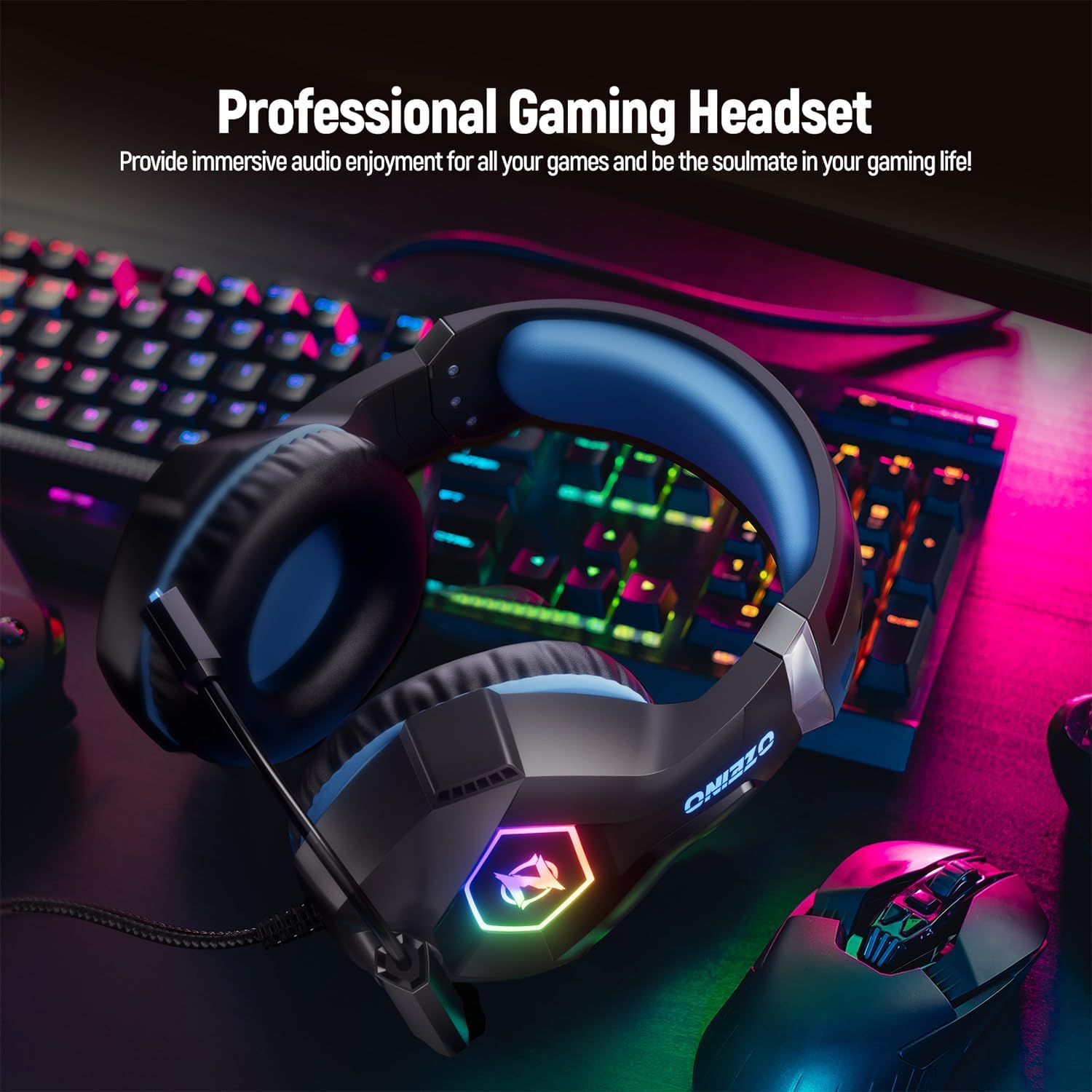 Over-Ear Gaming Headset with RGB Light & Noise-Cancelling Mic